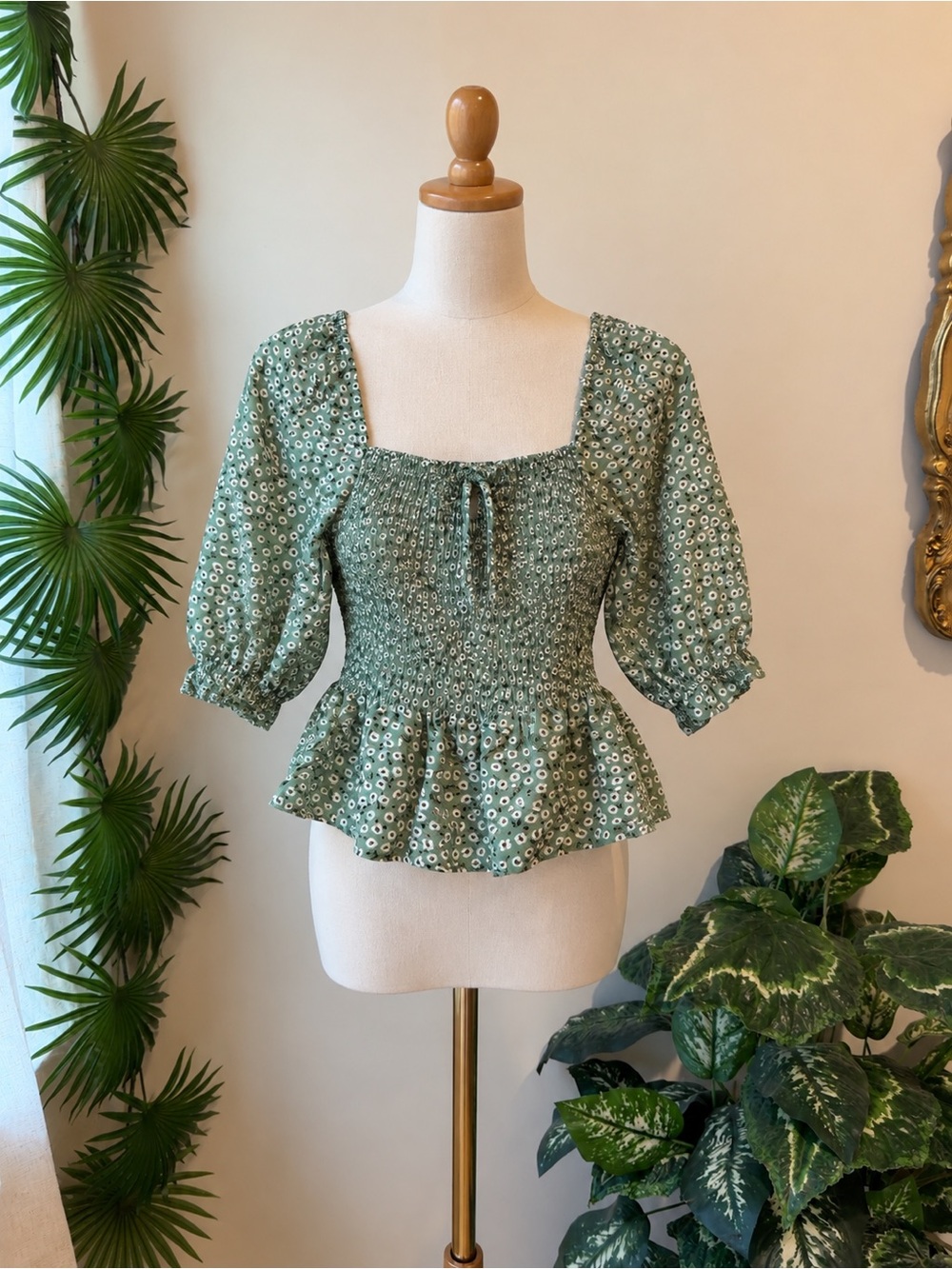 Indigo Rising Smocked Square Neck Peplum Top - Green